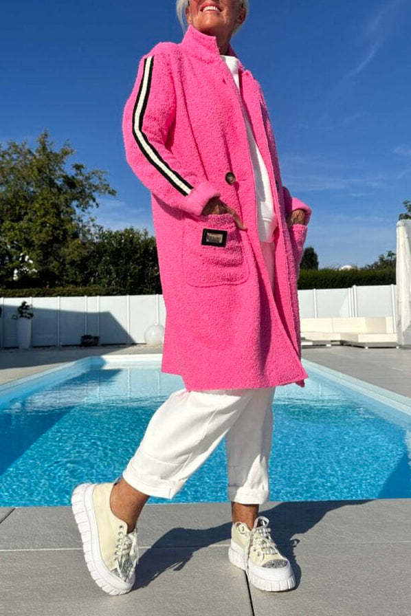 Damen eleganter Teddy-Mantel mit zwei Taschen und sportlichen Streifen ModeGeist