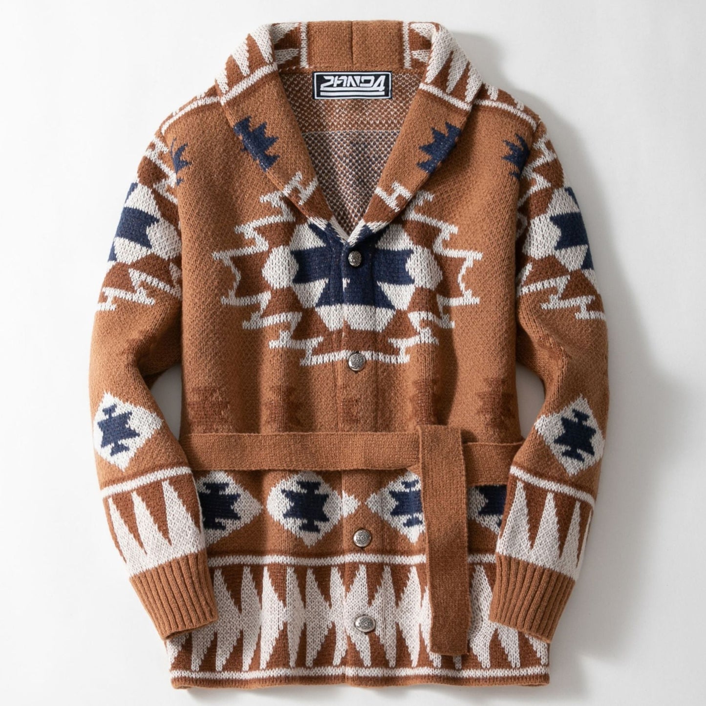 Damen Strickjacke mit geometrischem Muster und Gürtel ModeGeist