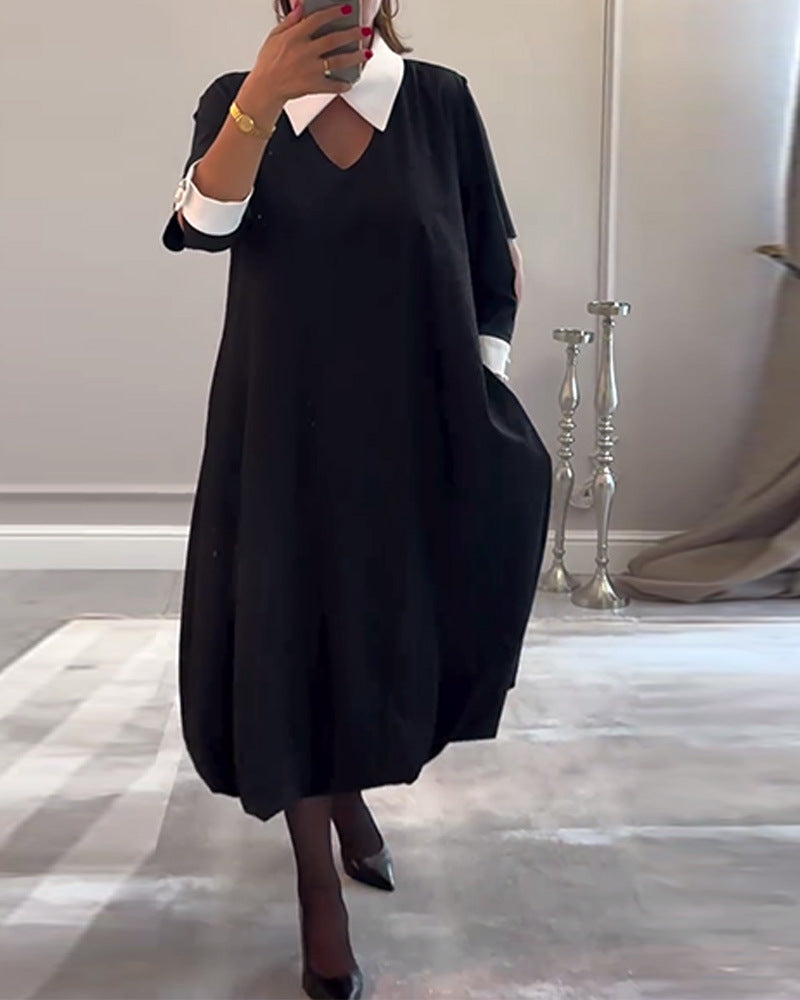 Modisches Damen-Hemdblusenkleid mit V-Ausschnitt und Kontrastärmeln von MODEGEIST