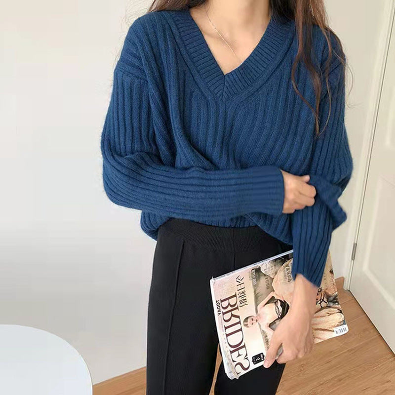 Damen Viskose-Strickpullover mit V-Ausschnitt und geripptem Design ModeGeist