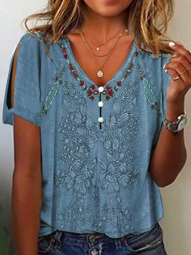 Damen Kurzarmbluse mit floralen Stickereien und Knopfdetails ModeGeist