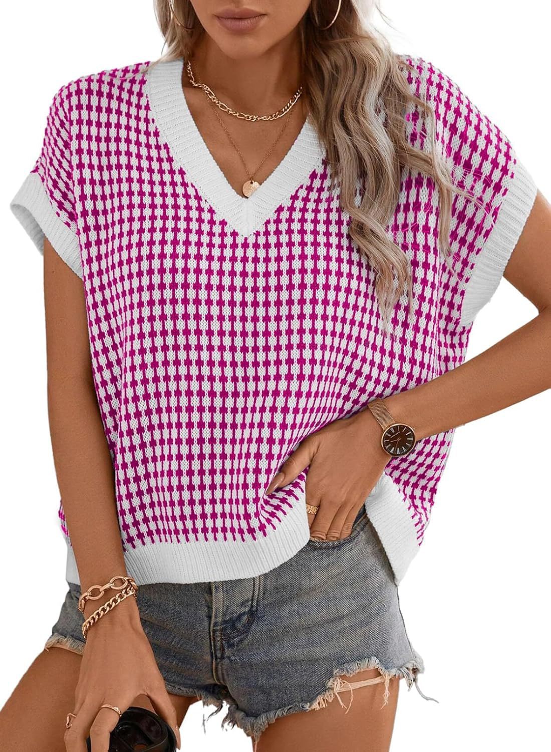 Damen lässiger V-Ausschnitt Pullover mit geometrischem Muster ModeGeist
