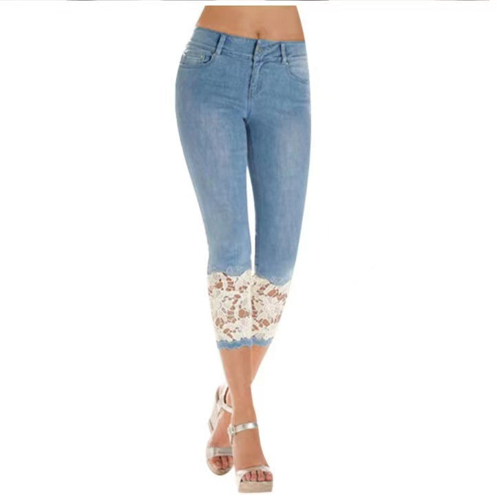 Damen Jeanshose mit Spitzenverzierung und figurbetontem Schnitt ModeGeist