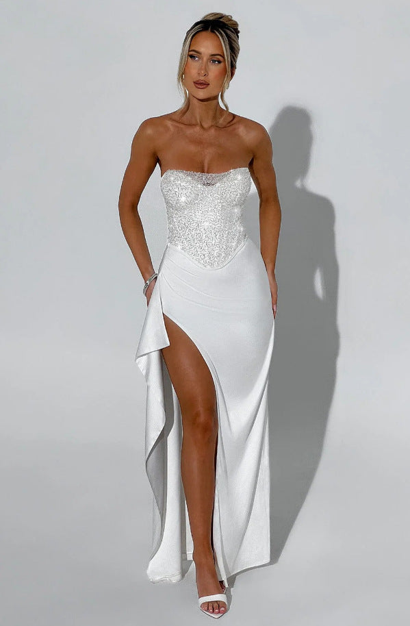 Damen Elegantes Abendkleid mit schimmerndem Oberteil und hohem Schlitz ModeGeist