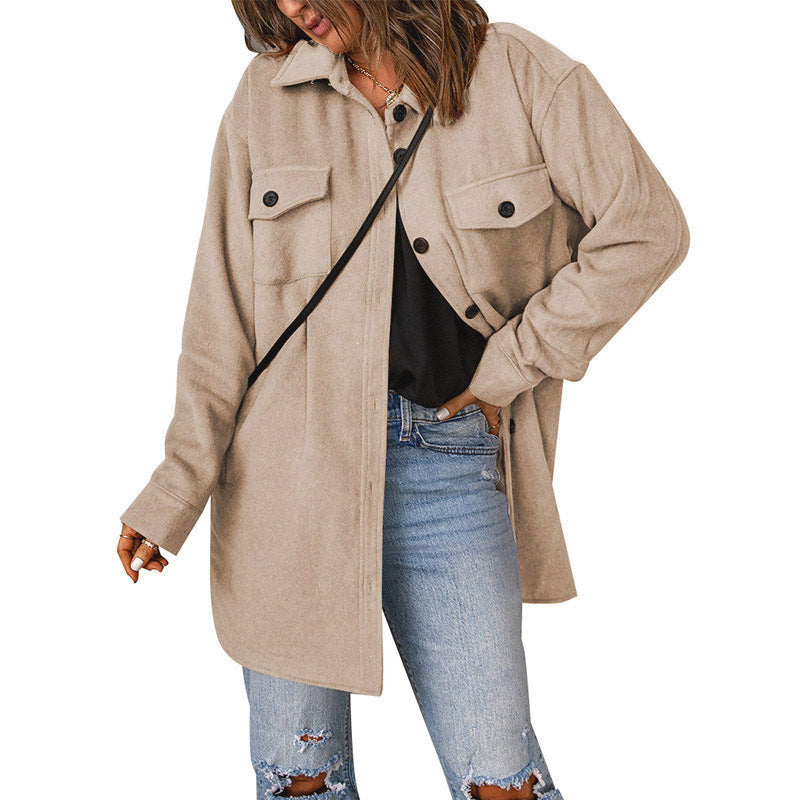 Damen Übergröße Langarm-Hemdjacke mit funktionalen aufgesetzten Taschen und lässigem Schnitt ModeGeist