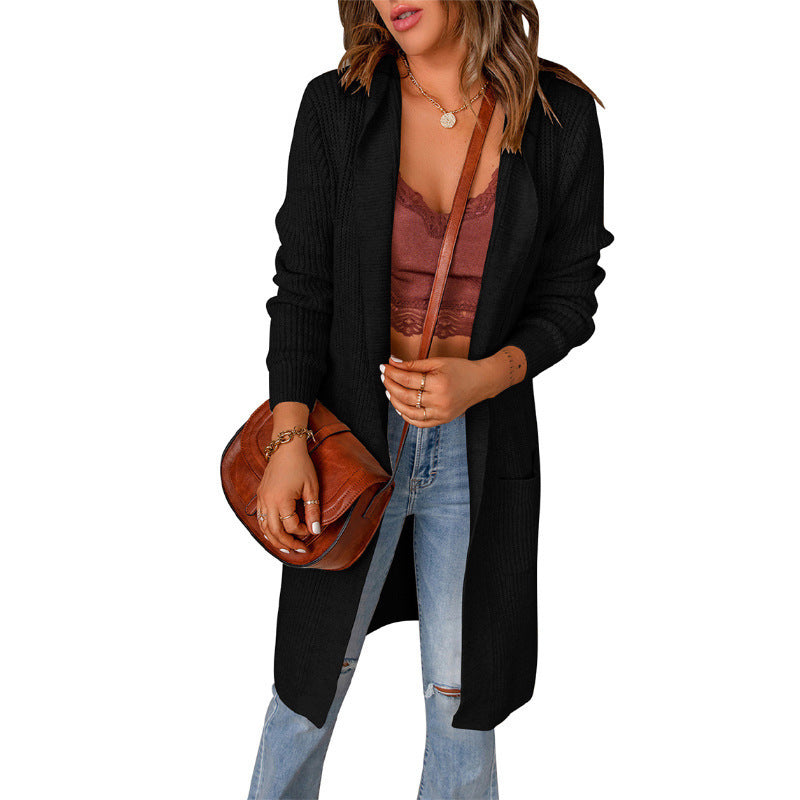 Damen lange Strickjacke mit offenen Kanten und Taschen ModeGeist