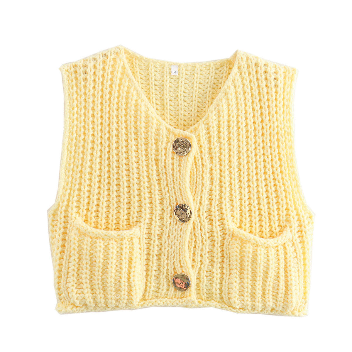 Damen modische Strickweste mit Knopfdetails und aufgesetzten Taschen ModeGeist