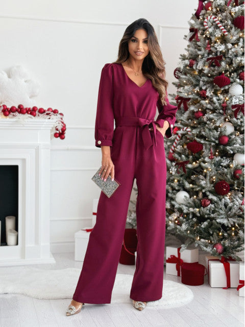 Damen Eleganter Jumpsuit mit taillierbarem Gürtel und V-Ausschnitt ModeGeist