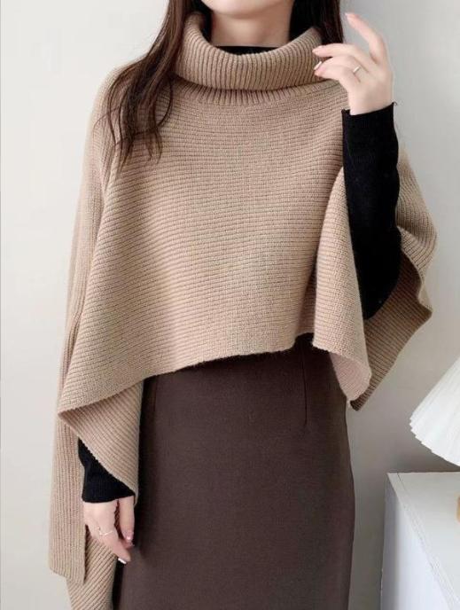Damen Strickponcho mit hohem Kragen und asymmetrischem Schnitt ModeGeist