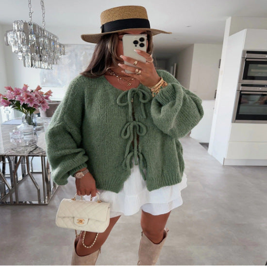 Damen Kuscheliger Strickcardigan mit dekorativen Bindebändern ModeGeist