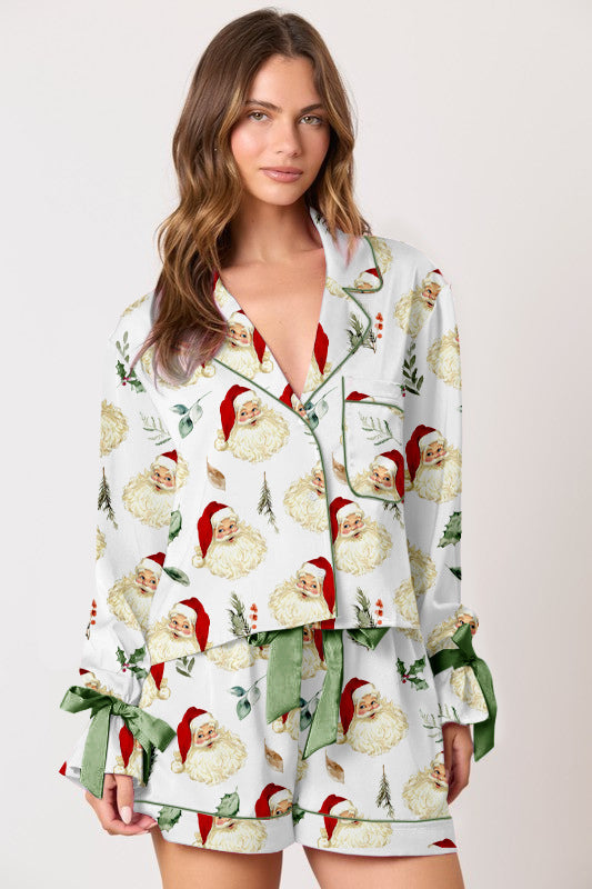 Damen Schlafanzug-Set mit festlichem Weihnachtsmotiv und eleganten Rüschendetails ModeGeist