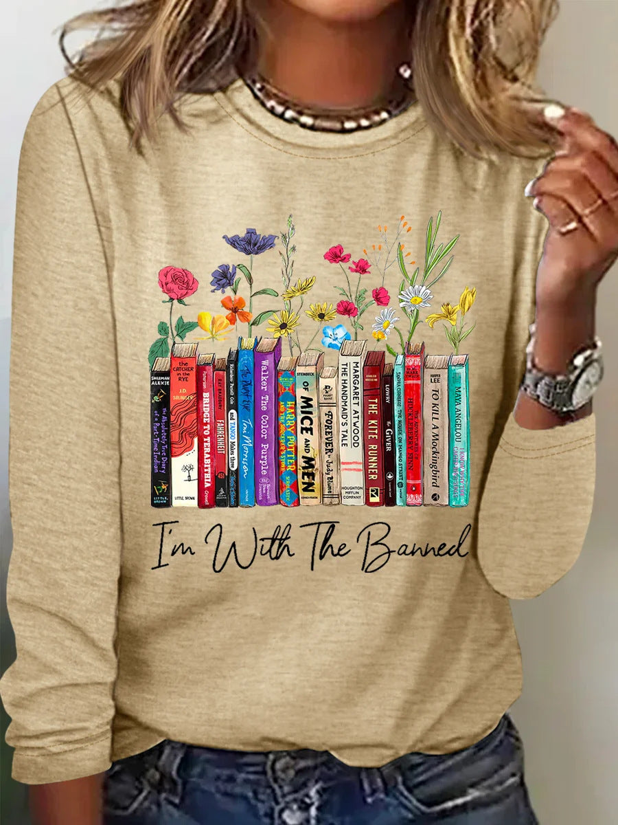 Damen Langarmshirt mit Bücher- und Blumenmotiv ModeGeist