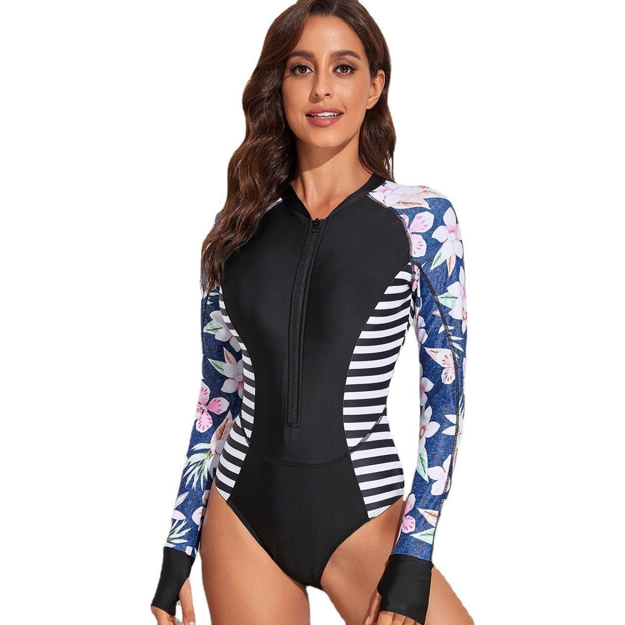 Sportlicher Badeanzug für Damen mit langem Arm, Reißverschluss und floralem Muster von MODEGEIST