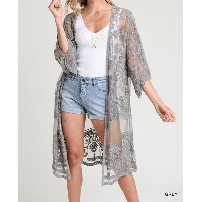 Modischer Damen-Crochet-Kimono mit luftigem Schnitt und Blumenmuster