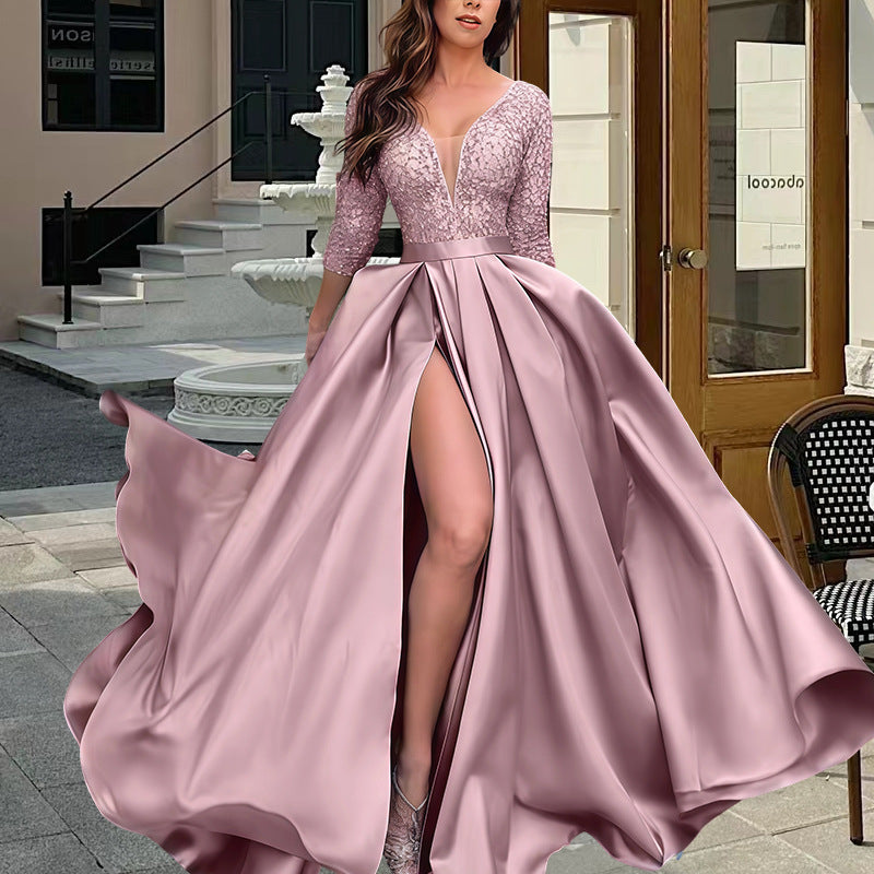 Damen Elegantes Abendkleid mit tiefem V-Ausschnitt und seitlichem Schlitz ModeGeist
