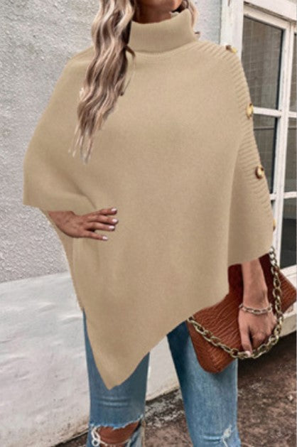 Damen Strick-Poncho mit hohem Kragen und Knopfdetails ModeGeist