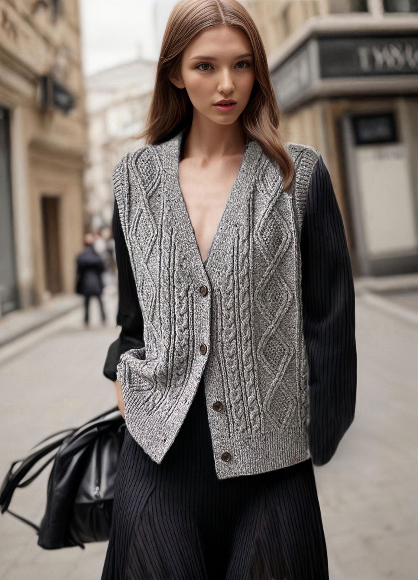 Damen Strickweste mit kunstvollem Zopfmuster und Knopfdetails ModeGeist