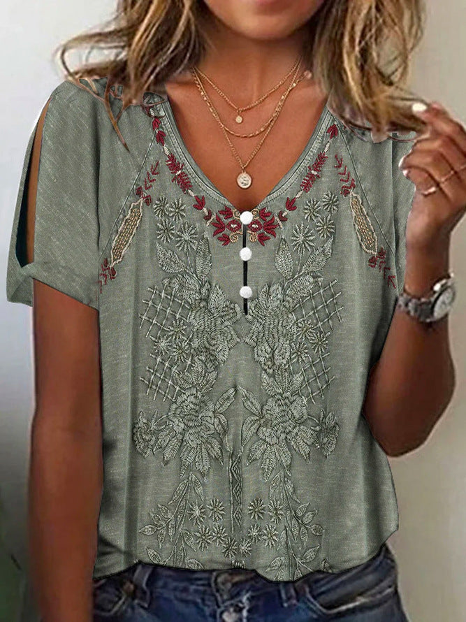 Damen Kurzarmbluse mit floralen Stickereien und Knopfdetails ModeGeist