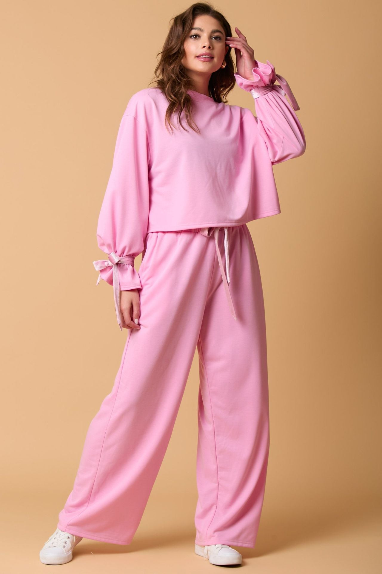 Long-sleeved Top and Trousers Suit with Bow Detail