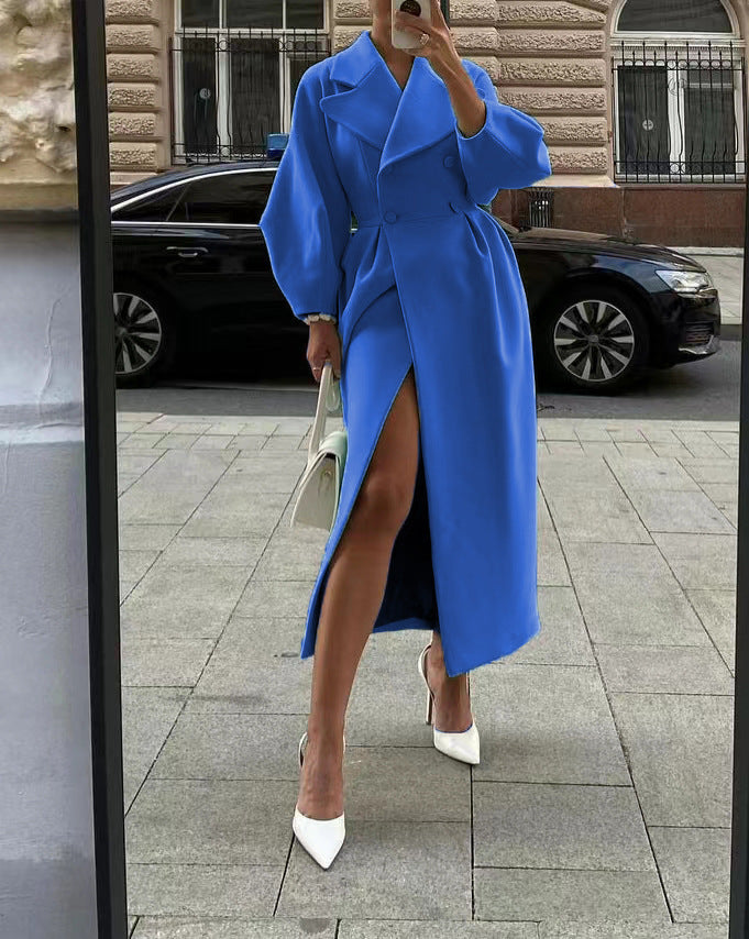Damen eleganter Trenchcoat mit hohem Schlitz und Puffärmeln ModeGeist