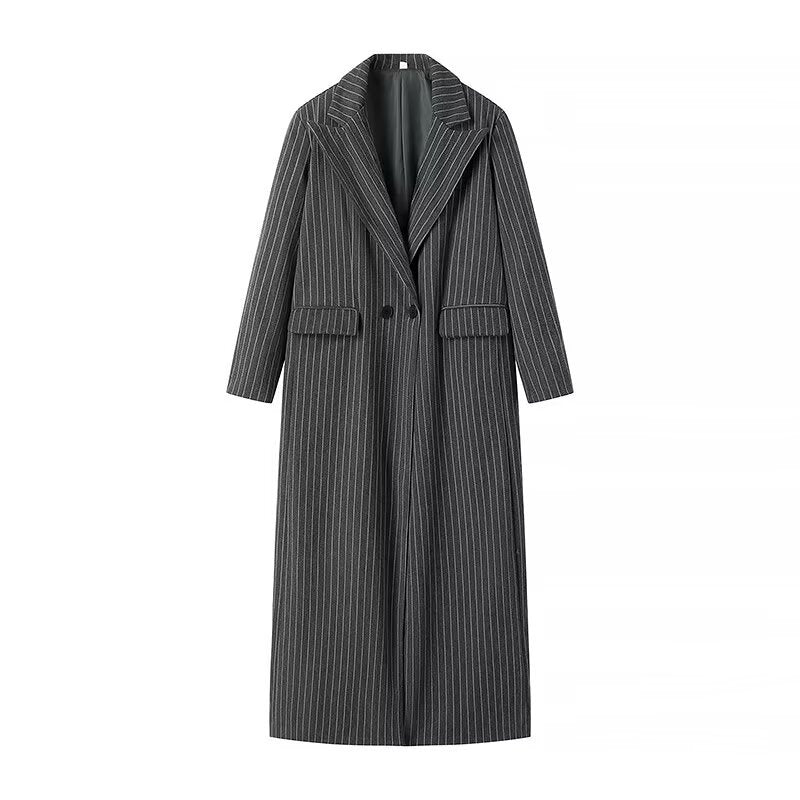 Damen eleganter gestreifter Langblazer mit doppelter Knopfleiste und seitlichen Taschen ModeGeist