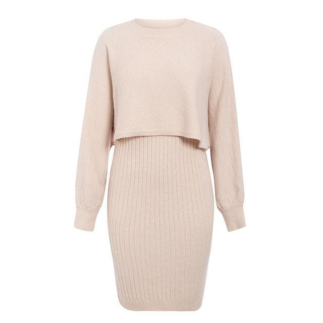 Damen gestricktes Midi-Kleid mit lässigem Cropped-Pullover-Oberteil und Rippenstruktur ModeGeist