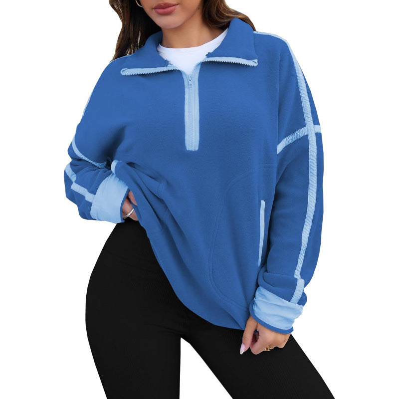Damen Fleecpullover mit halbem Reißverschluss und kontrastierenden Ärmeln ModeGeist