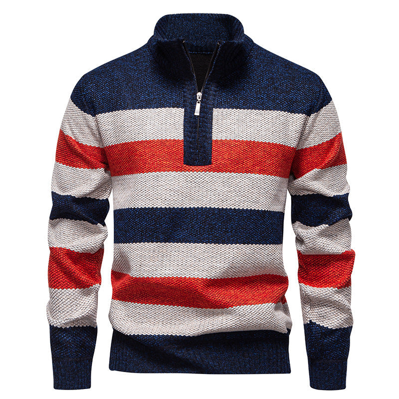 Herren modischer Strickpullover mit halbhohem Kragen und kontrastierenden Streifen ModeGeist