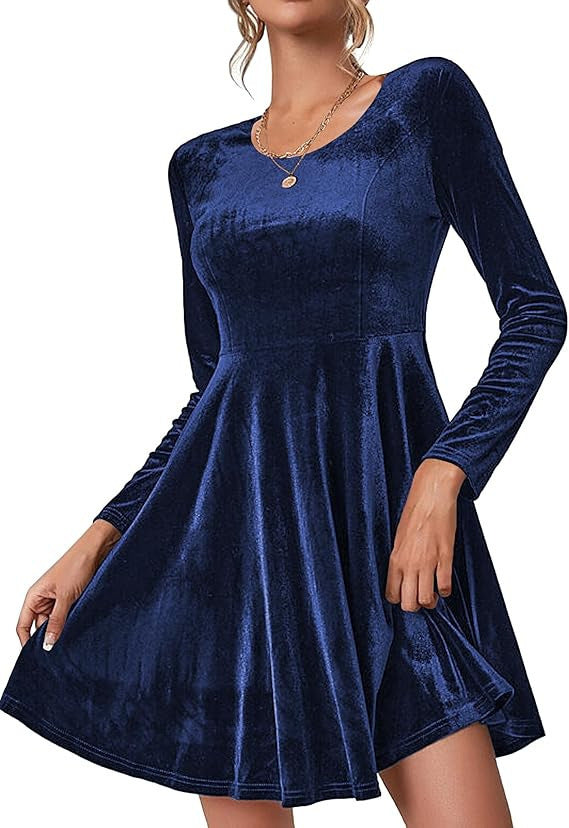 Damen Elegantes Samtkleid mit geschwungenem Saum und langen Ärmeln ModeGeist