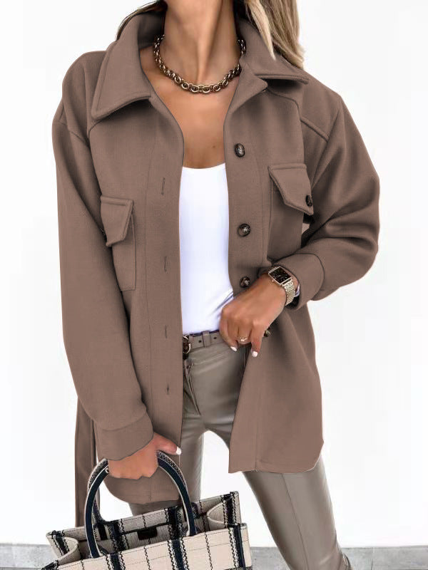 Damen Modische Overshirt-Jacke mit aufgesetzten Taschen und Knopfverschluss ModeGeist