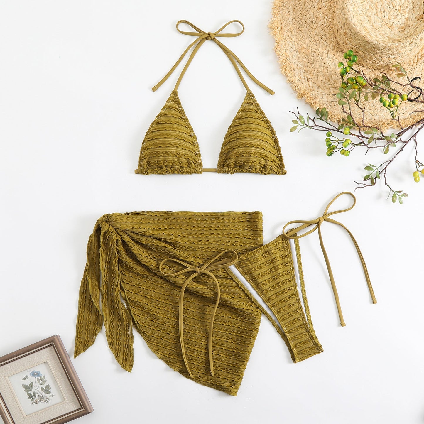 Modischer Damen-Bikini-Dreiteiler mit Rüschen und verstellbaren Trägern
