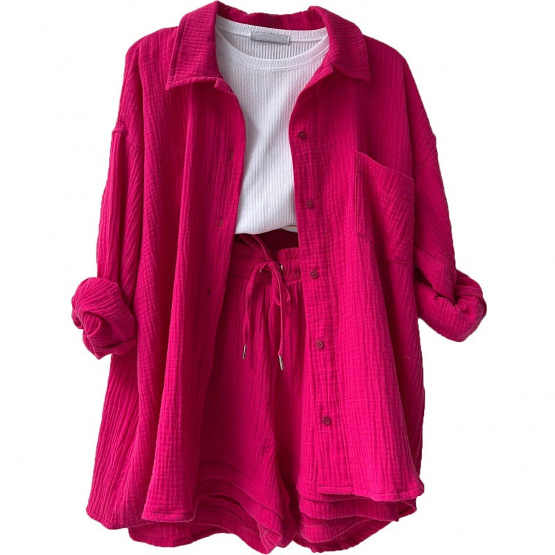 Modebewusstes Damen Freizeit Set: Hemdjacke mit kurzen Ärmeln und Shorts