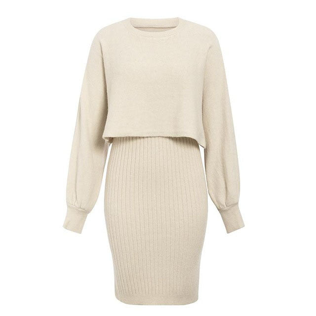 Damen gestricktes Midi-Kleid mit lässigem Cropped-Pullover-Oberteil und Rippenstruktur ModeGeist