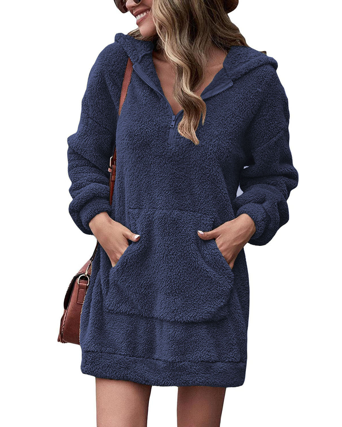 Damen Fleece-Kapuzenkleid mit Taschen und Reißverschluss ModeGeist