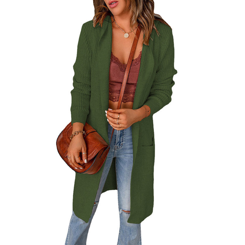 Damen lange Strickjacke mit offenen Kanten und Taschen ModeGeist