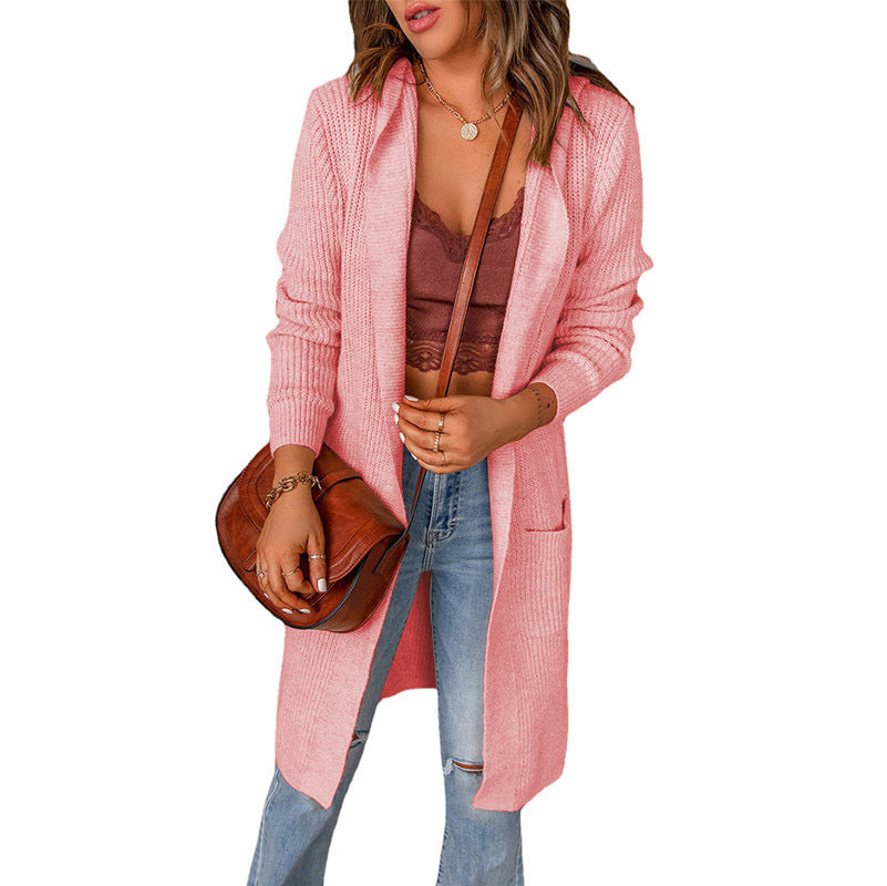Damen lange Strickjacke mit offenen Kanten und Taschen ModeGeist