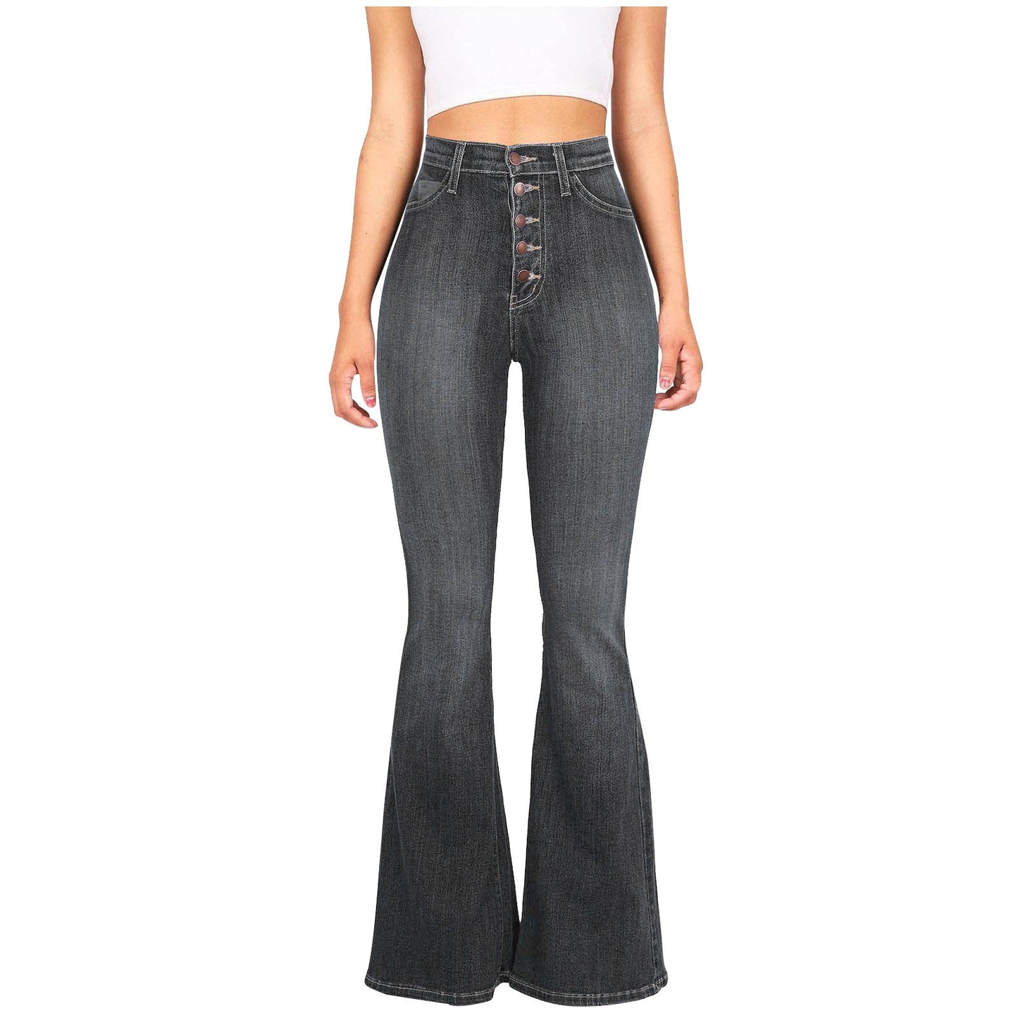 Damen Flared Jeans mit hohem Bund und dekorativer Knopfleiste ModeGeist