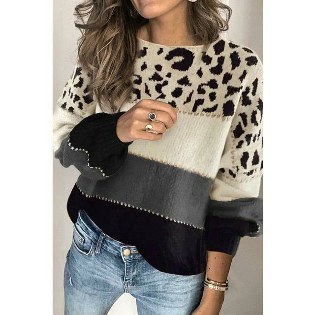 ModeGeist | Pullover - Damen Herbst Leopard Patchwork Strickpullover