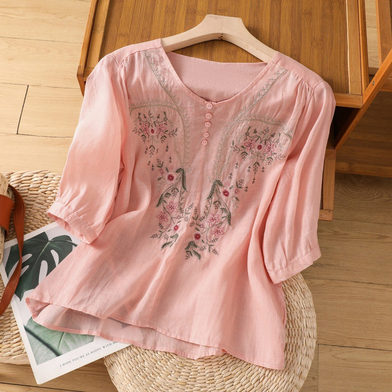 MODEGEIST Damen Bluse Blumenstickerei Entspannte Passform Leicht