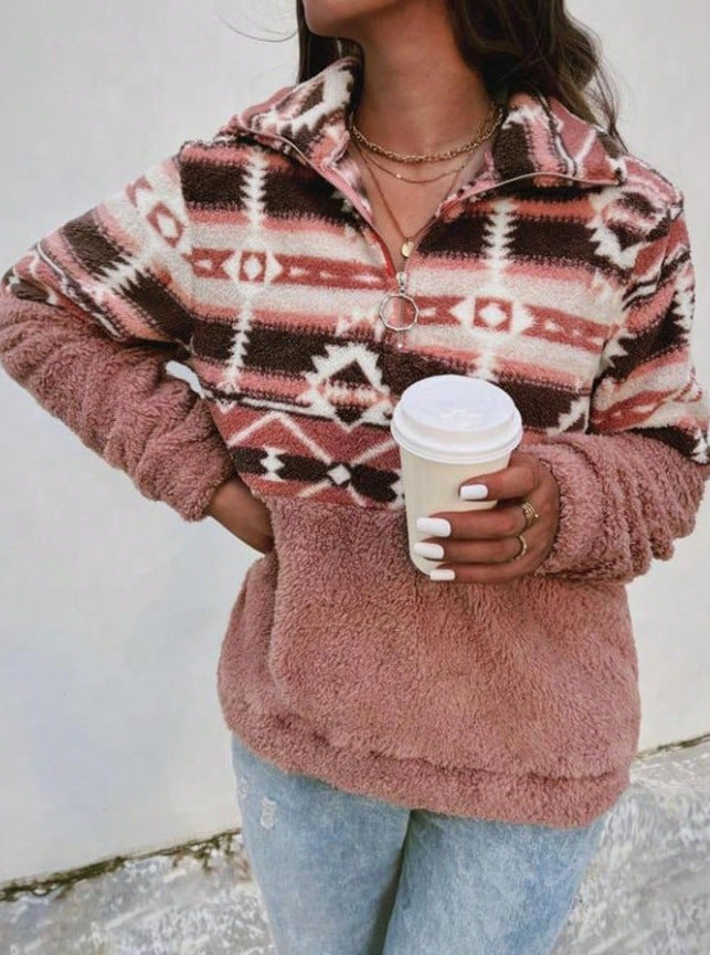 Damen Fleece-Pullover mit modernem Aztekenmuster und Stehkragen ModeGeist