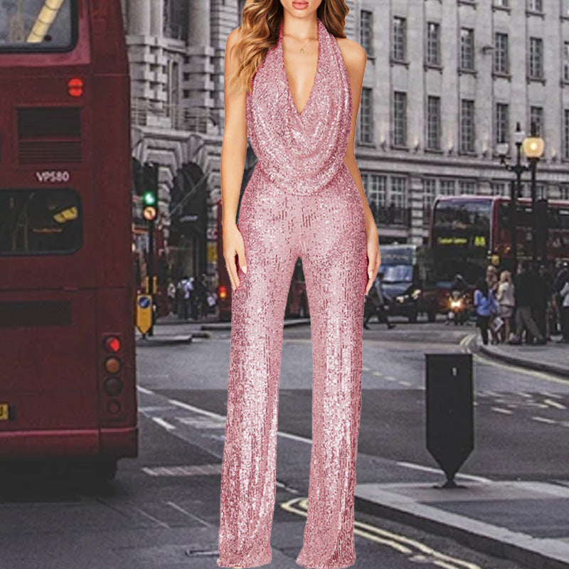 Damen Glitzerndes Jumpsuit mit tiefem V-Ausschnitt und weitem Bein ModeGeist