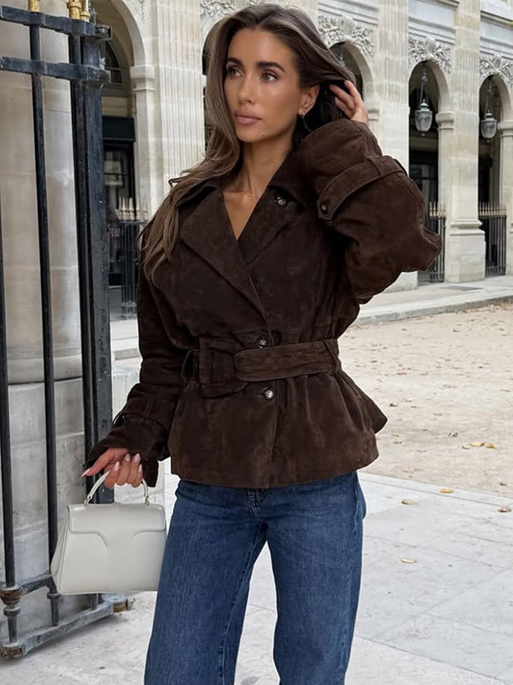Damen modische Wildlederjacke mit Taillengürtel und voluminösen Ärmeln ModeGeist
