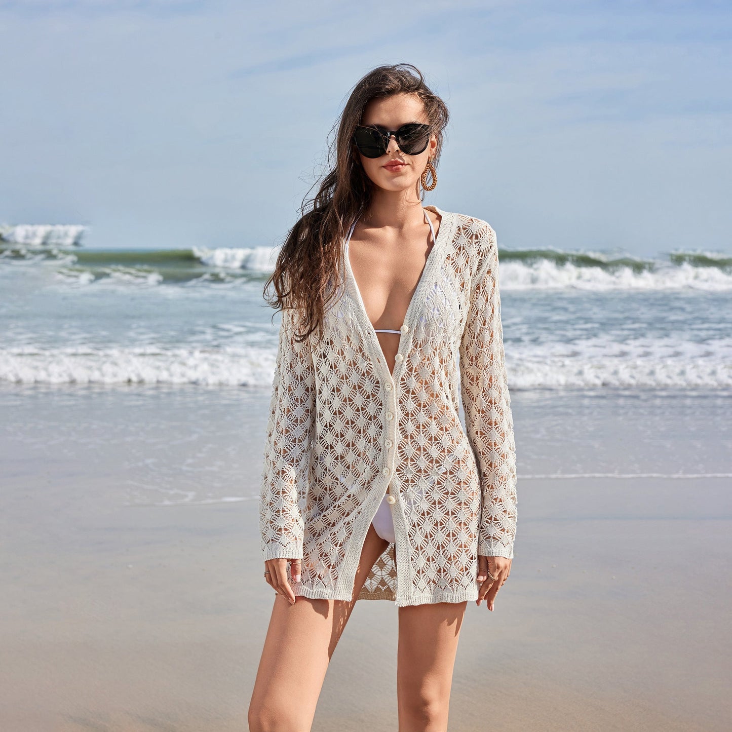 Modischer Damen-Strandcardigan mit offenem Vorderteil, Häkelarbeit