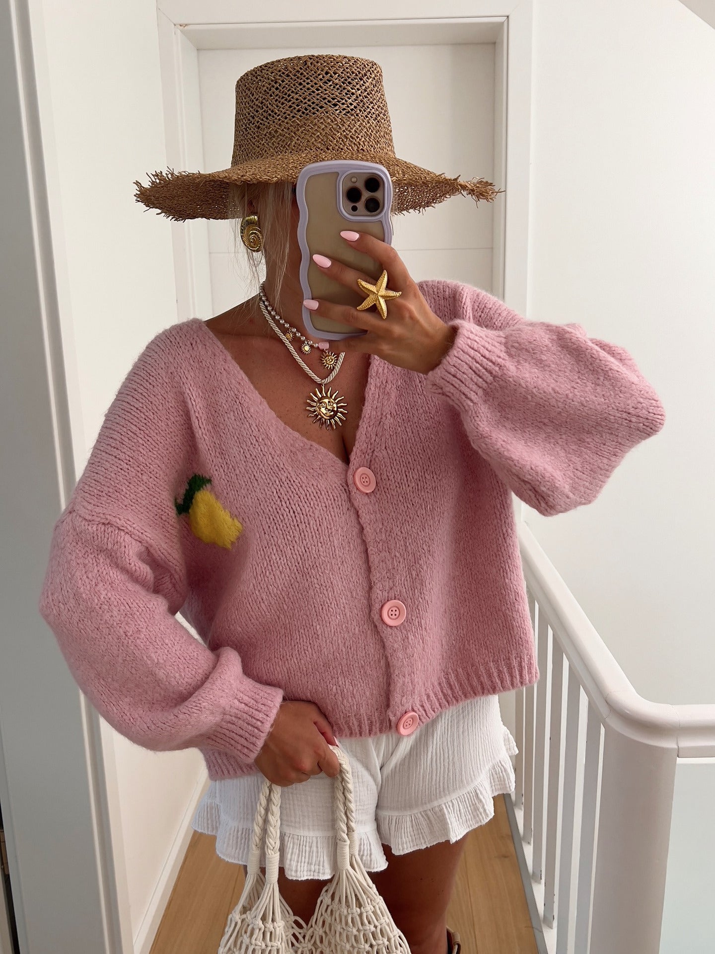 Damen Grober Strickcardigan mit einzigartigem Zitronenmotiv und knopfbarem Verschluss ModeGeist