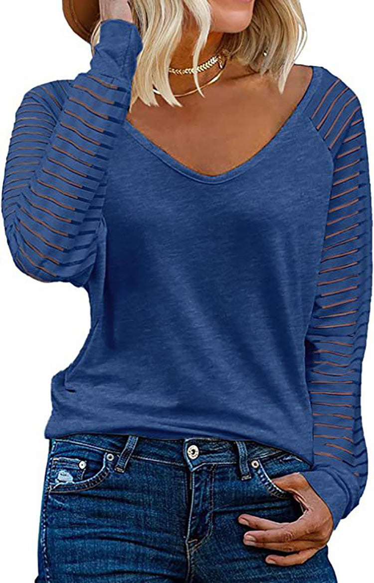 Damen Langärmliges V-Ausschnitt Shirt mit gestreiften Ärmeln ModeGeist