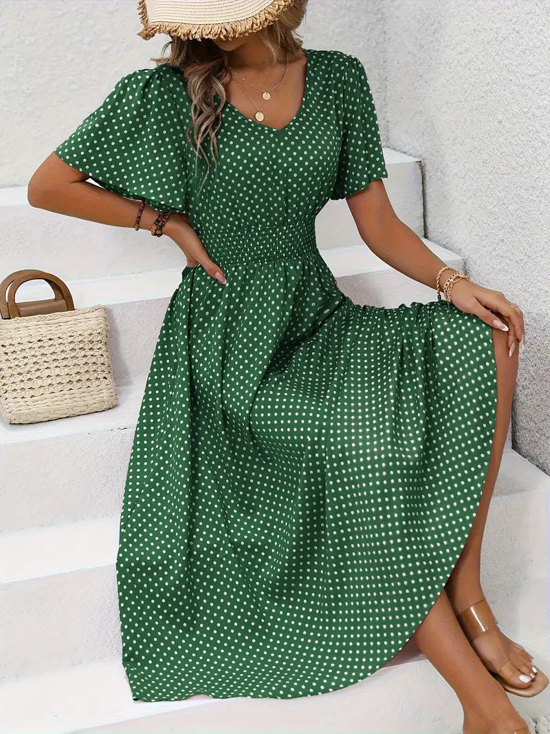 Modisches Damen-Maxikleid mit weitem Rock und V-Ausschnitt
