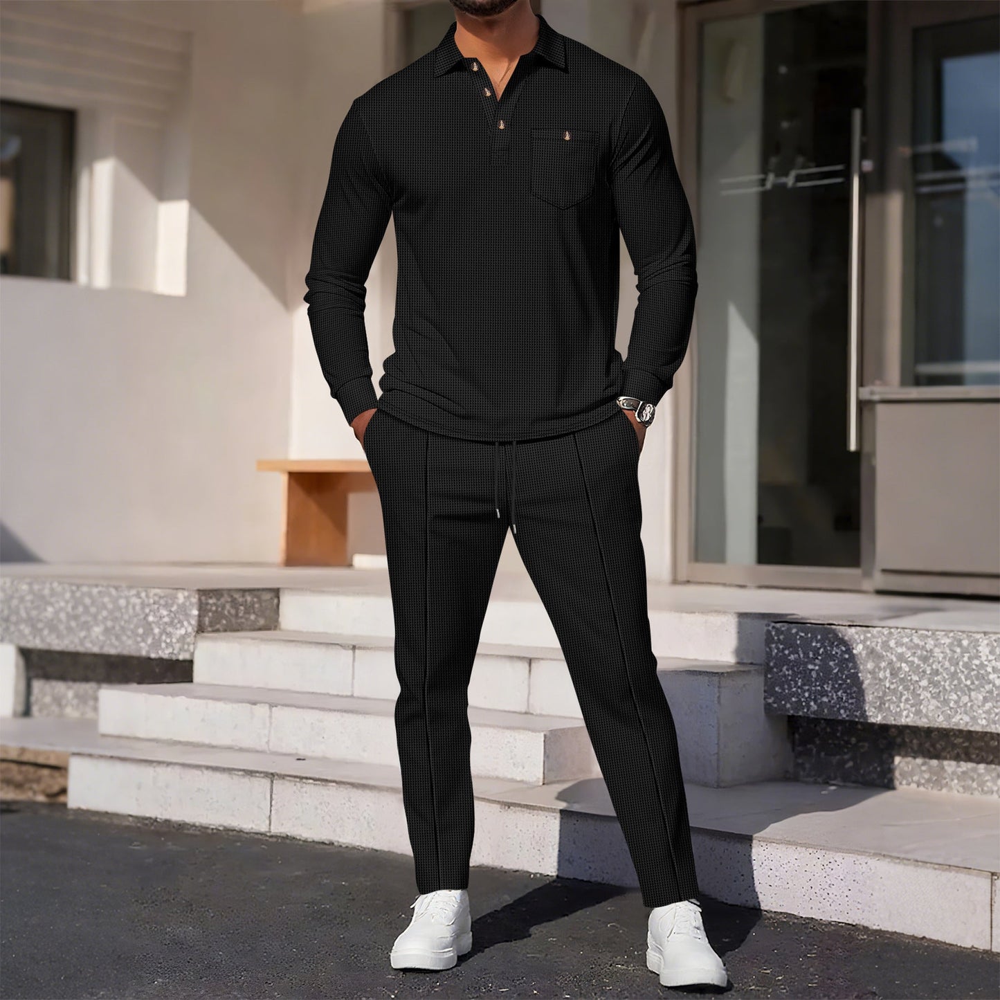 Herren eleganter Freizeitanzug mit strukturiertem Oberteil und bequemen Hosen ModeGeist