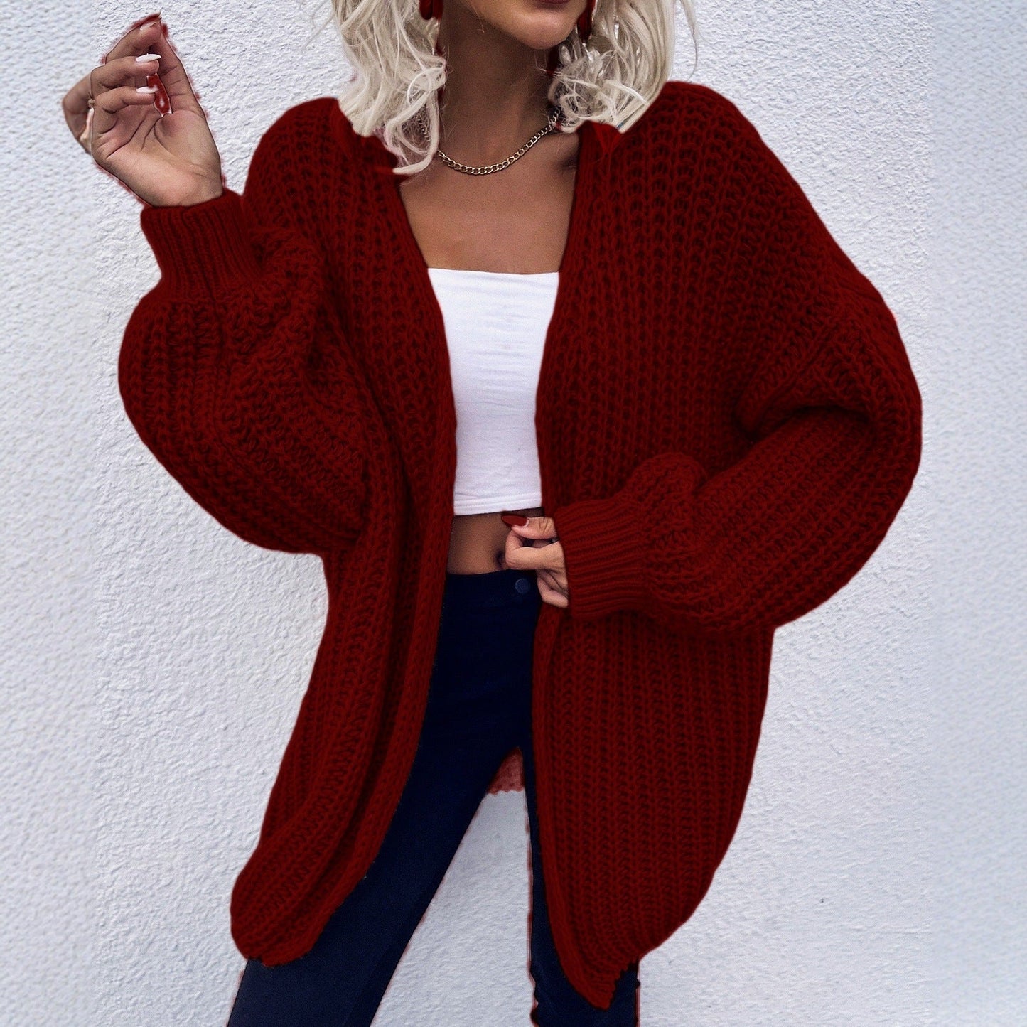Damen lässiger Grobstrick-Cardigan mit tiefen Taschen und voluminösen Ärmeln ModeGeist