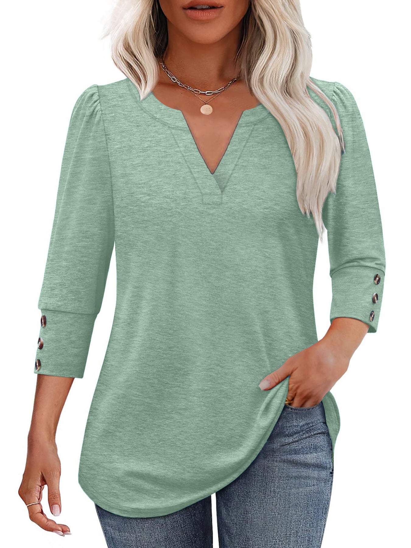 Damen V-Ausschnitt Bluse mit dekorativen Knopfdetails ModeGeist
