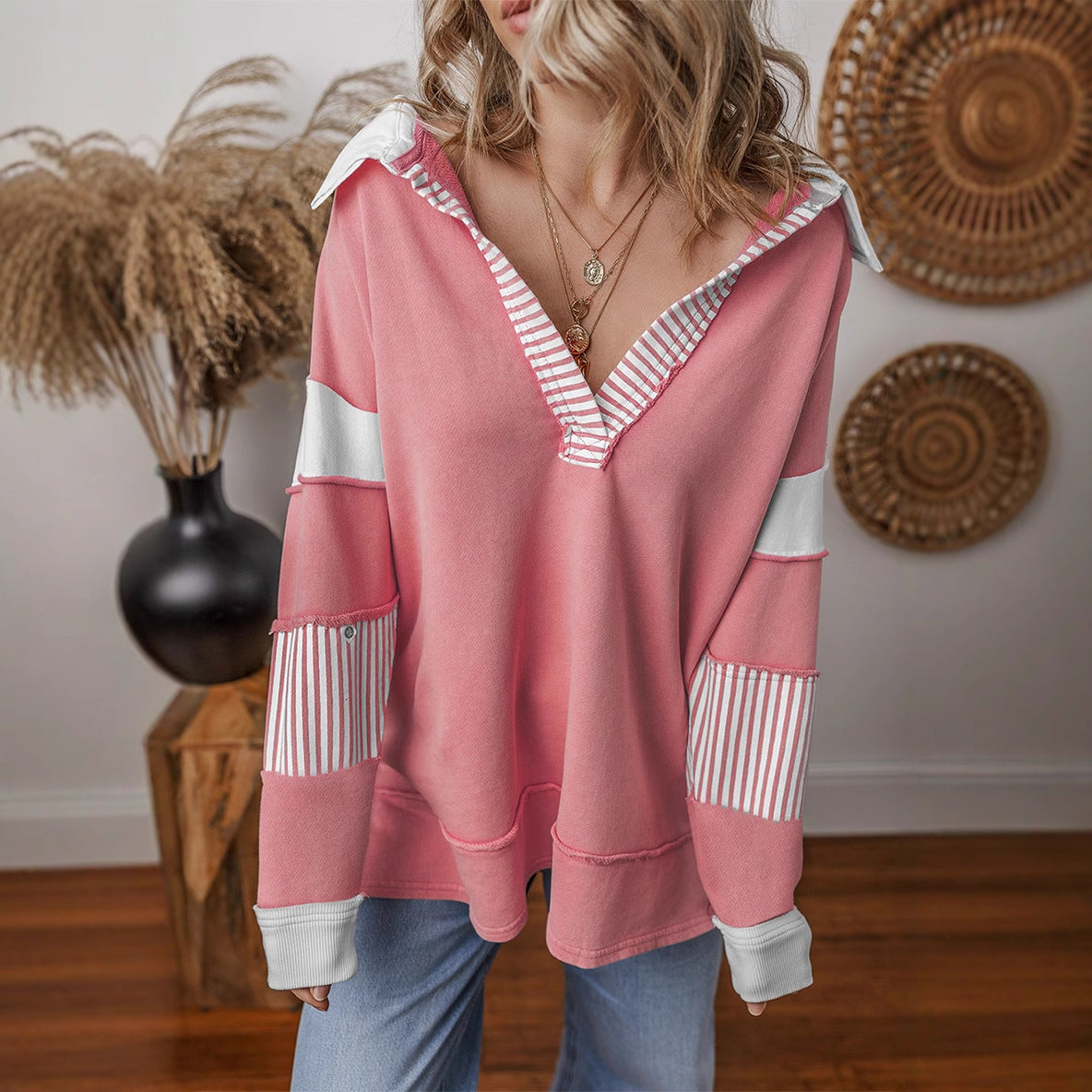 Damen lässiger Pullover mit Hemdkragen und gestreiften Ärmeln ModeGeist